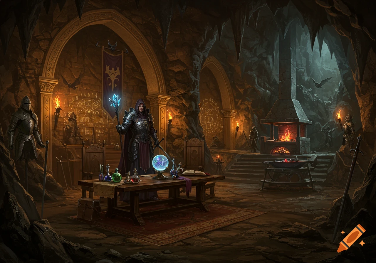A medieval wizard-knight in plate armor stands in his torchlit cave lair, surrounded by potions, a glowing crystal orb, and magical runes, with a forge in the background.