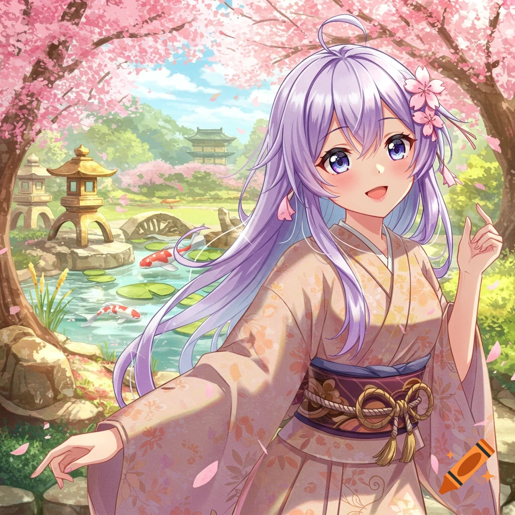 An anime girl with purple hair and a kimono smiles in a beautiful Japanese garden with cherry blossoms, a pond, and koi fish.