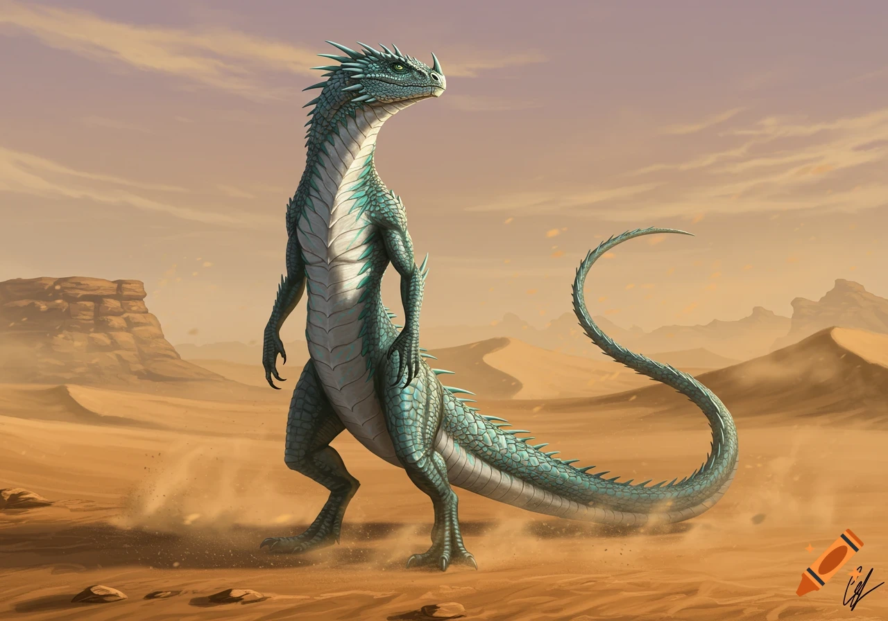 A tall, slender, spiky blue-green reptilian creature stands upright in a sandy desert landscape under a clear sky.