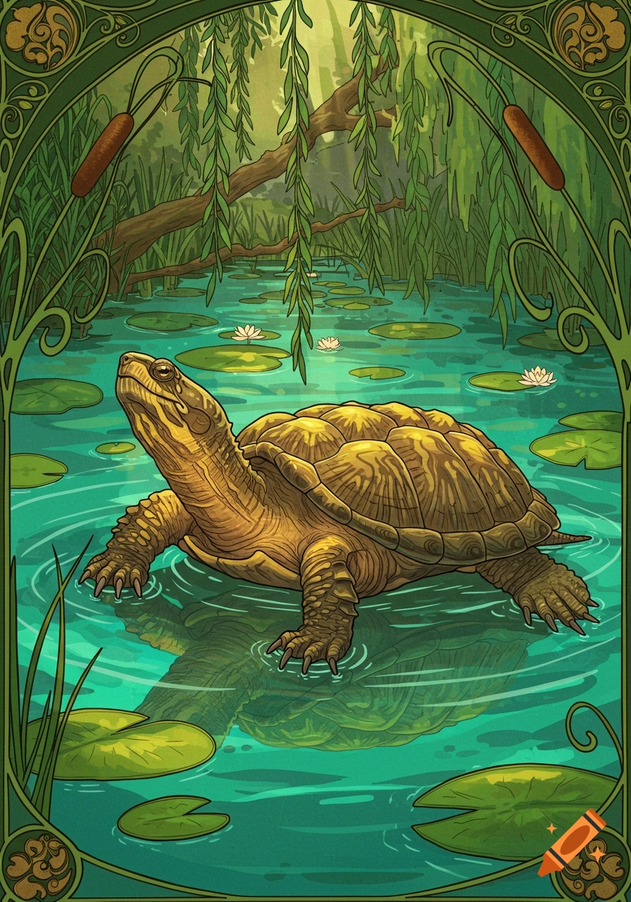 An Art Nouveau illustration of a large turtle swimming in a pond with lily pads and willow branches, framed by green organic patterns.