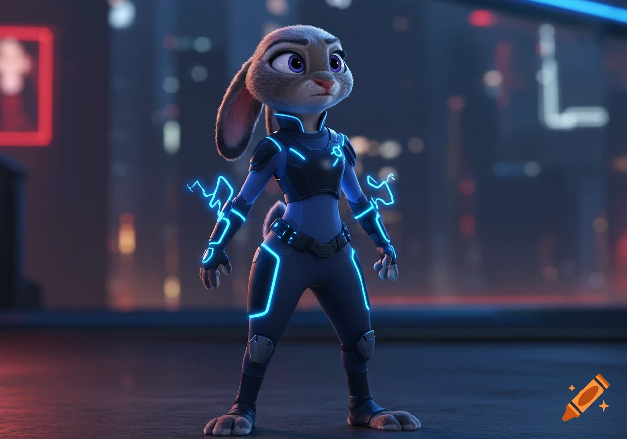 Judy Hopps in a sleek dark blue futuristic power armor suit with glowing blue lines, standing against a blurred neon city background.