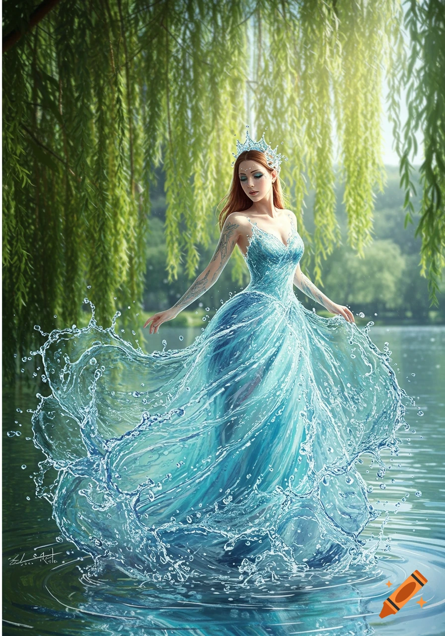 A fantasy woman with red hair and a crown, wearing a flowing blue dress made of splashing water, stands in a lake under willow trees.