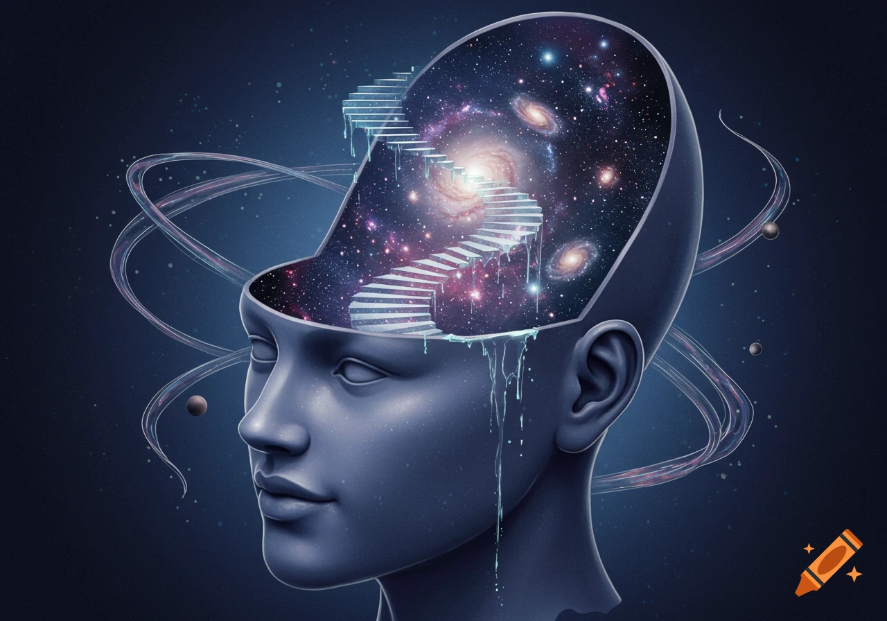 A stylized head with the top open revealing a galaxy and a spiraling staircase. Surreal art.