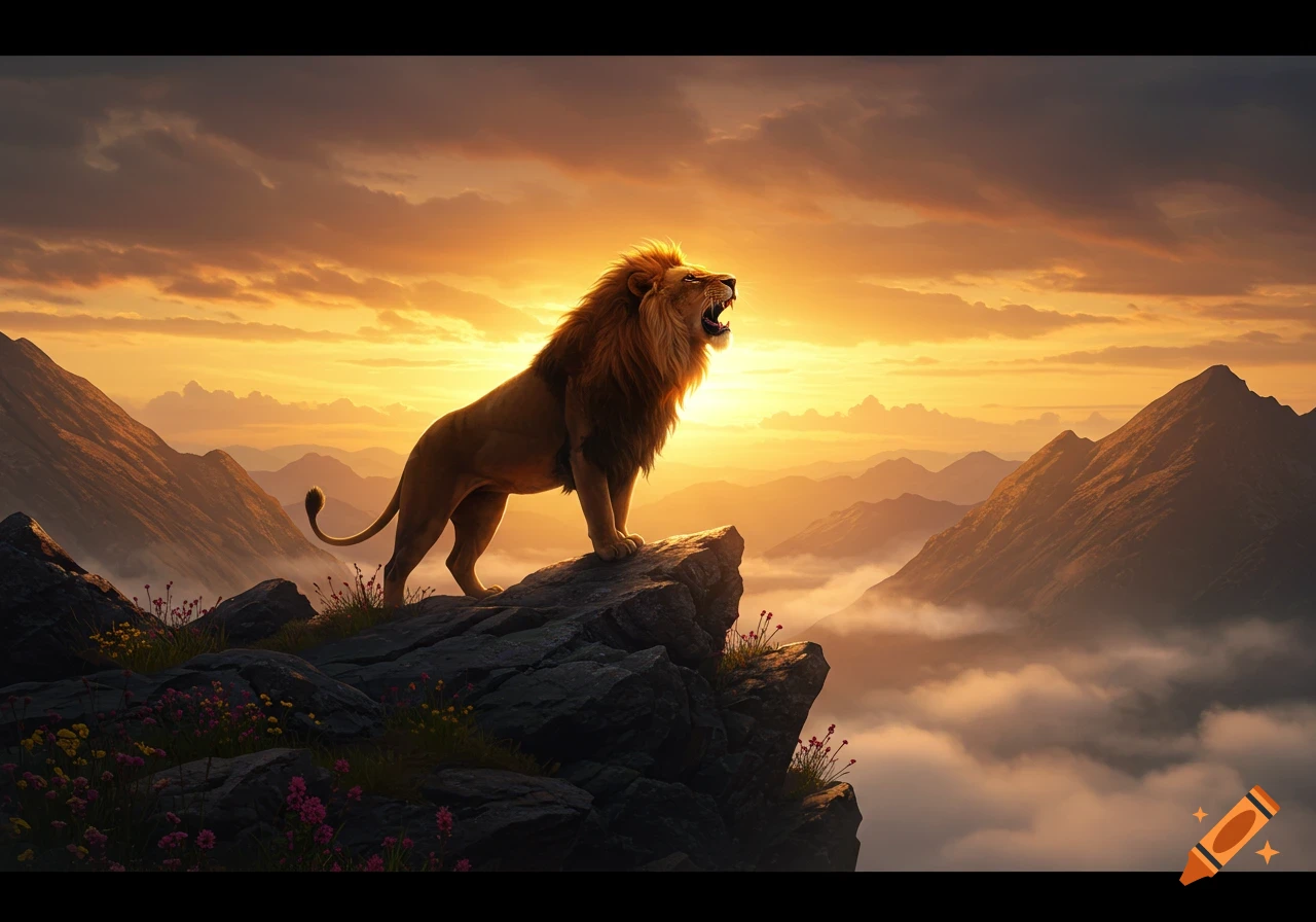 A majestic lion roars on a rocky mountain peak at sunset, with a misty mountain range extending into the distance.