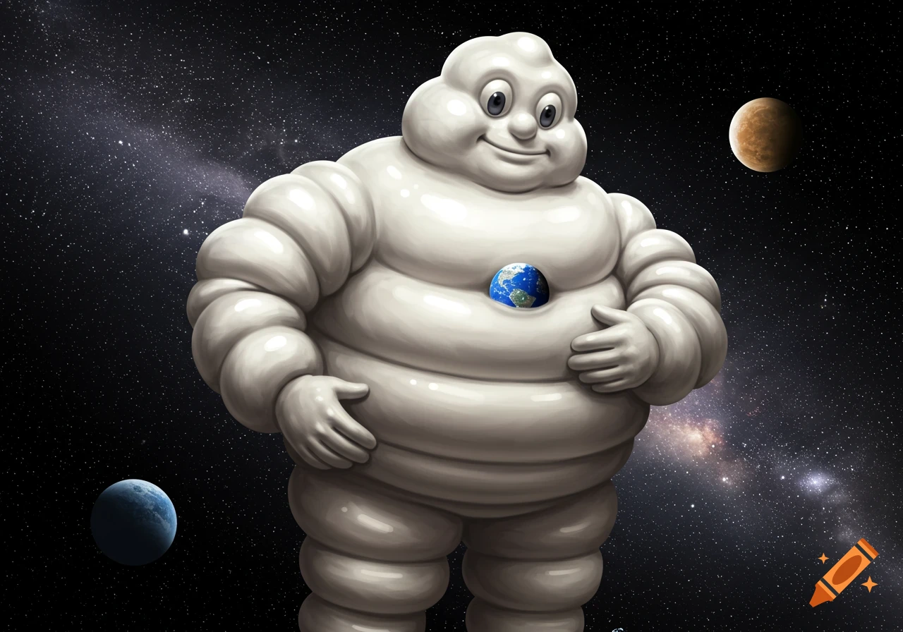 A giant Michelin Man stands in space, holding a tiny Earth with other planets in the background.