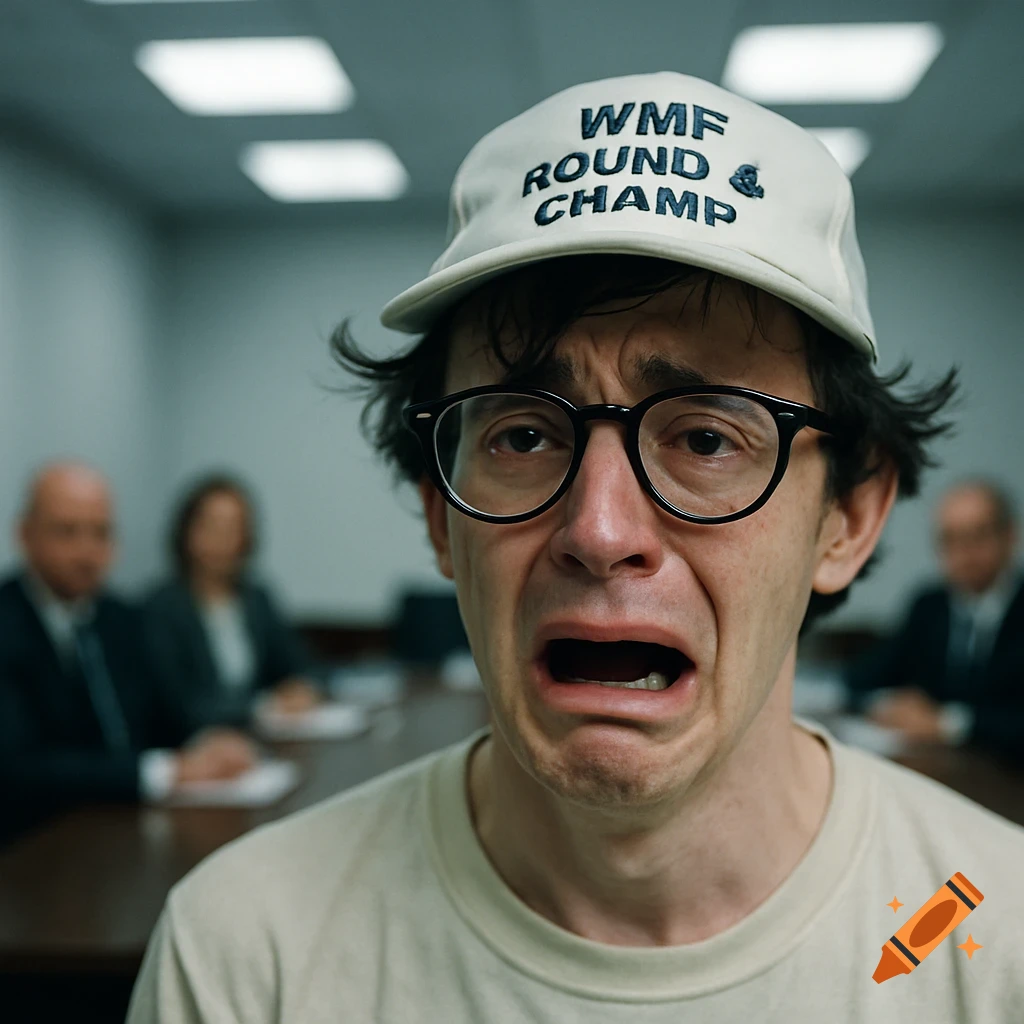 Photorealistic image of a man resembling a young Woody Allen, wearing glasses and a cap, crying in a boardroom.