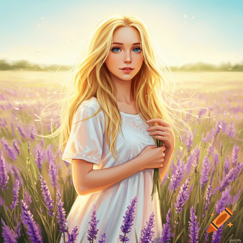 A young woman with long blonde hair and blue eyes stands in a vibrant lavender field, bathed in warm sunlight. Digital painting style.