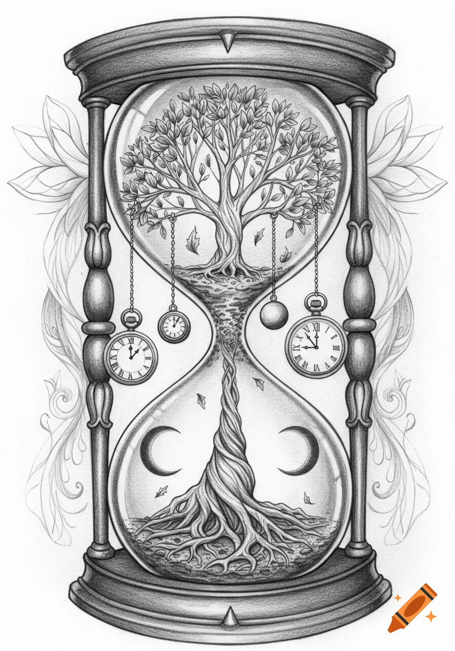 Detailed graphite pencil drawing of an hourglass containing a Tree of Life with pocket watches hanging from its branches and crescent moons.