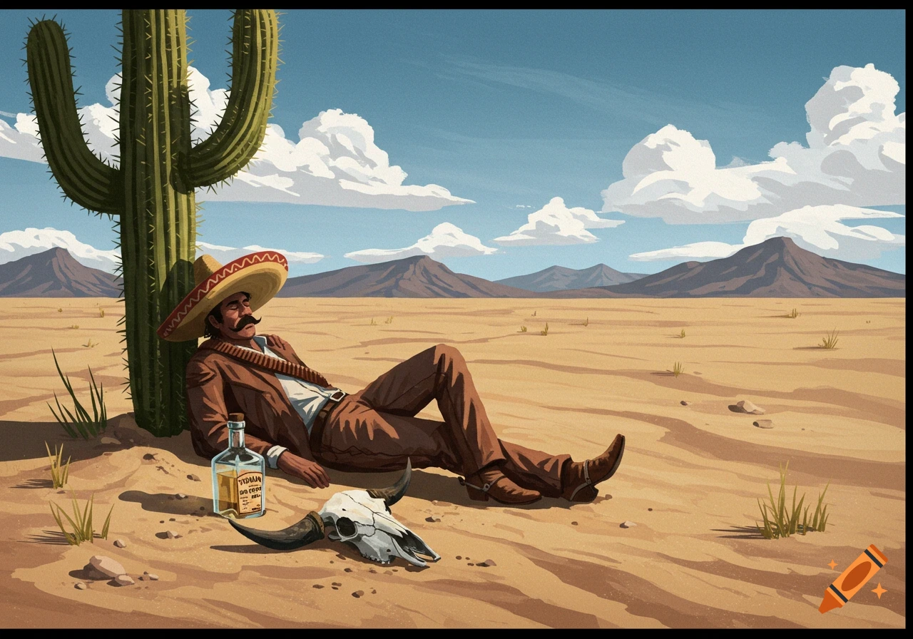 A man in a sombrero reclines against a saguaro cactus in a desert with a skull and bottle, in a block print style.