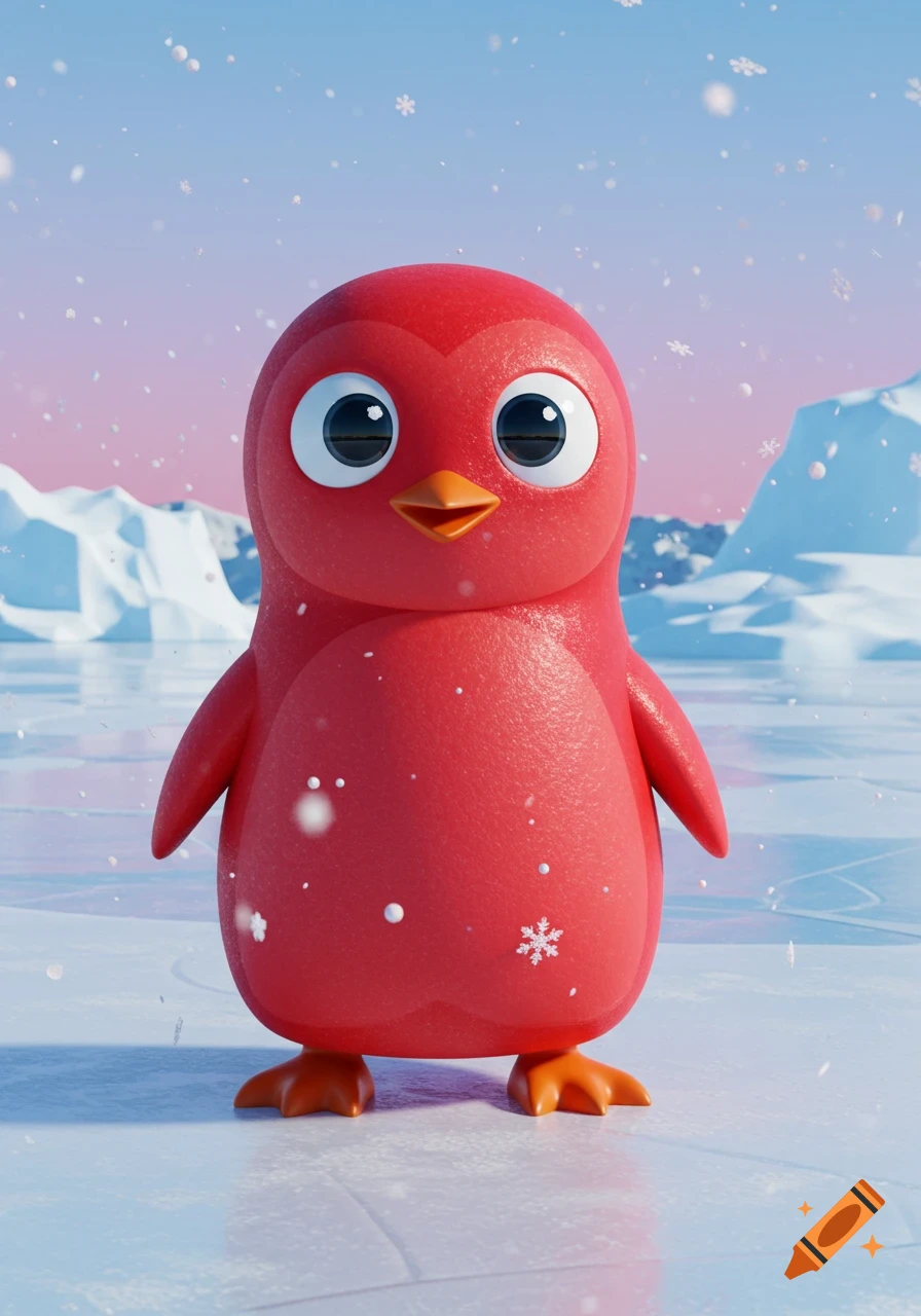 A cute red cartoon penguin stands on ice with snow falling and snowy mountains in the background.