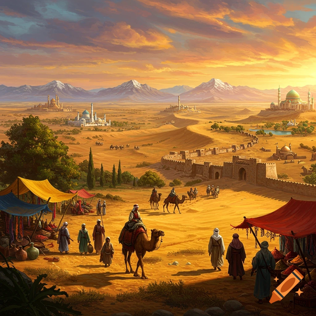 A vibrant painting of the Silk Road at sunset, with merchants, camels, desert landscapes, distant cities, and snow-capped mountains.