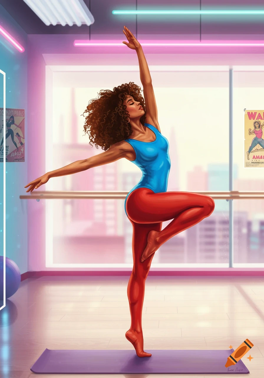 Vibrant illustration of a woman with curly hair in a blue leotard and red tights in a graceful yoga/dance pose in a retro studio.