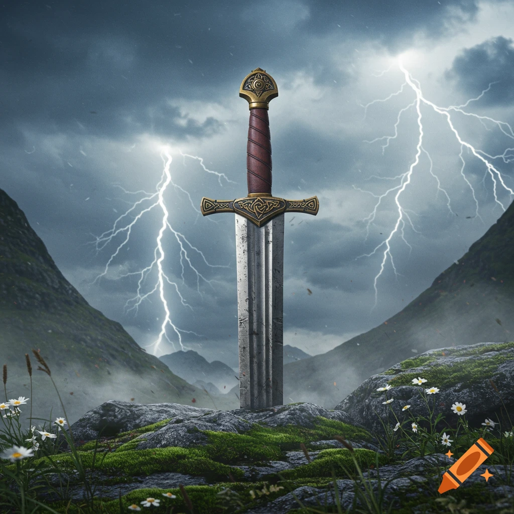 Photorealistic image of a large, ornate sword stuck in mossy ground, with mountains and lightning under a stormy sky.
