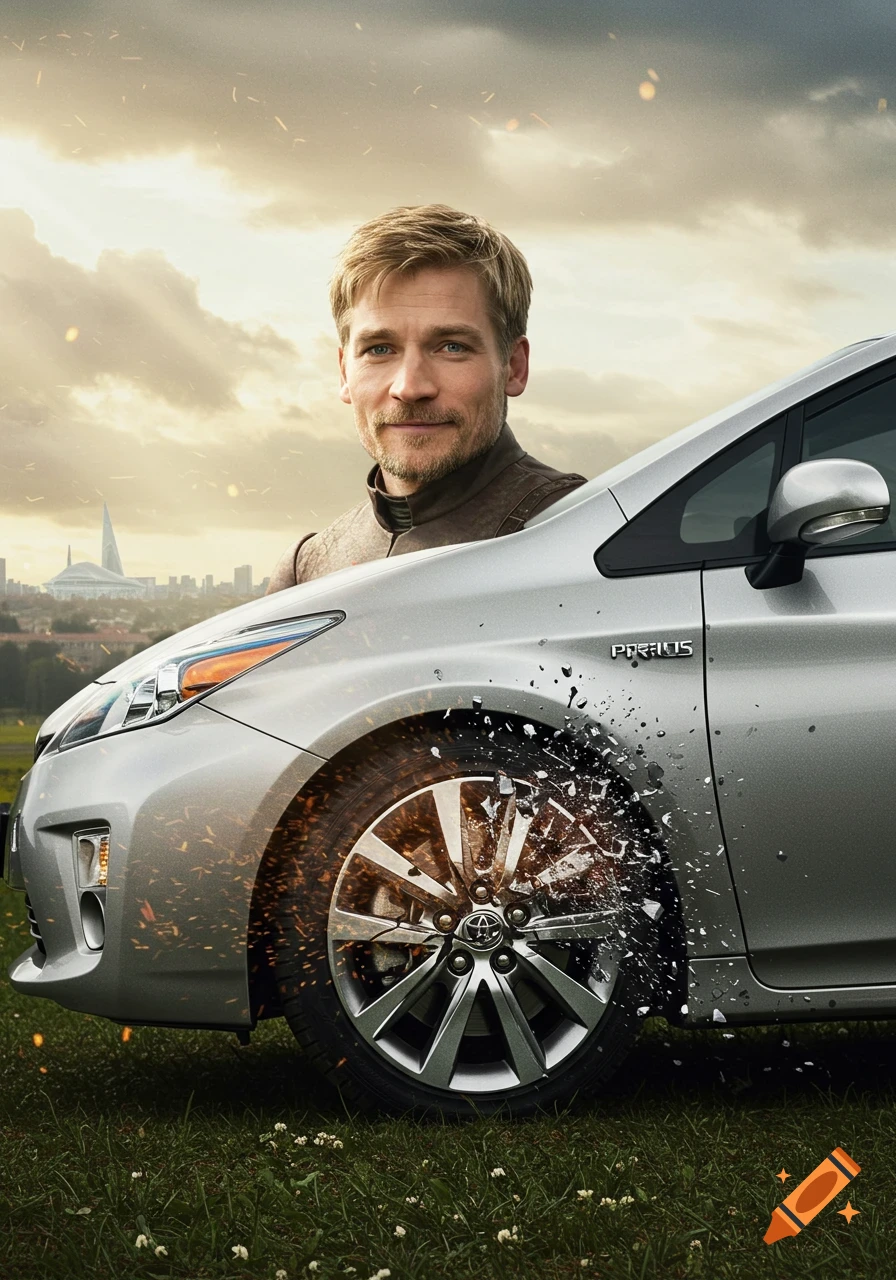 Actor Nikolaj Coster-Waldau behind a silver Toyota Prius with a shattering wheel effect, city in background.