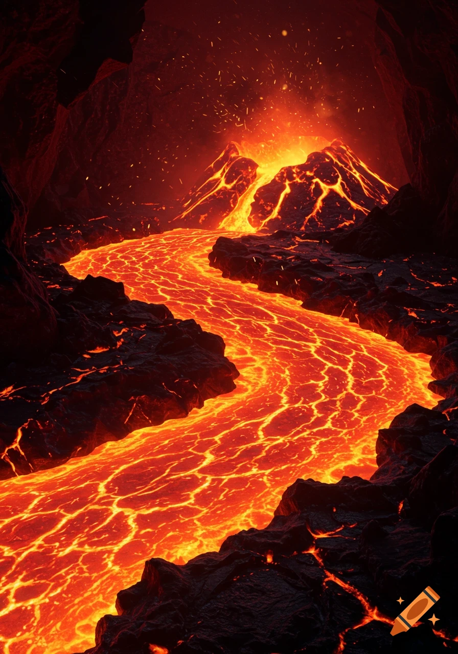 A vibrant river of glowing red and orange lava flows through dark, rocky terrain, with an erupting volcano in the background.