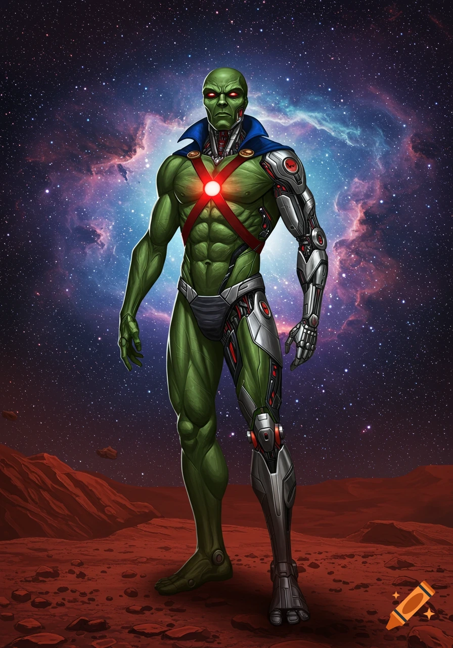 A green-skinned cyborg superhero with a red glowing chest symbol, standing on a red alien planet under a starry nebula sky in a comic art style.