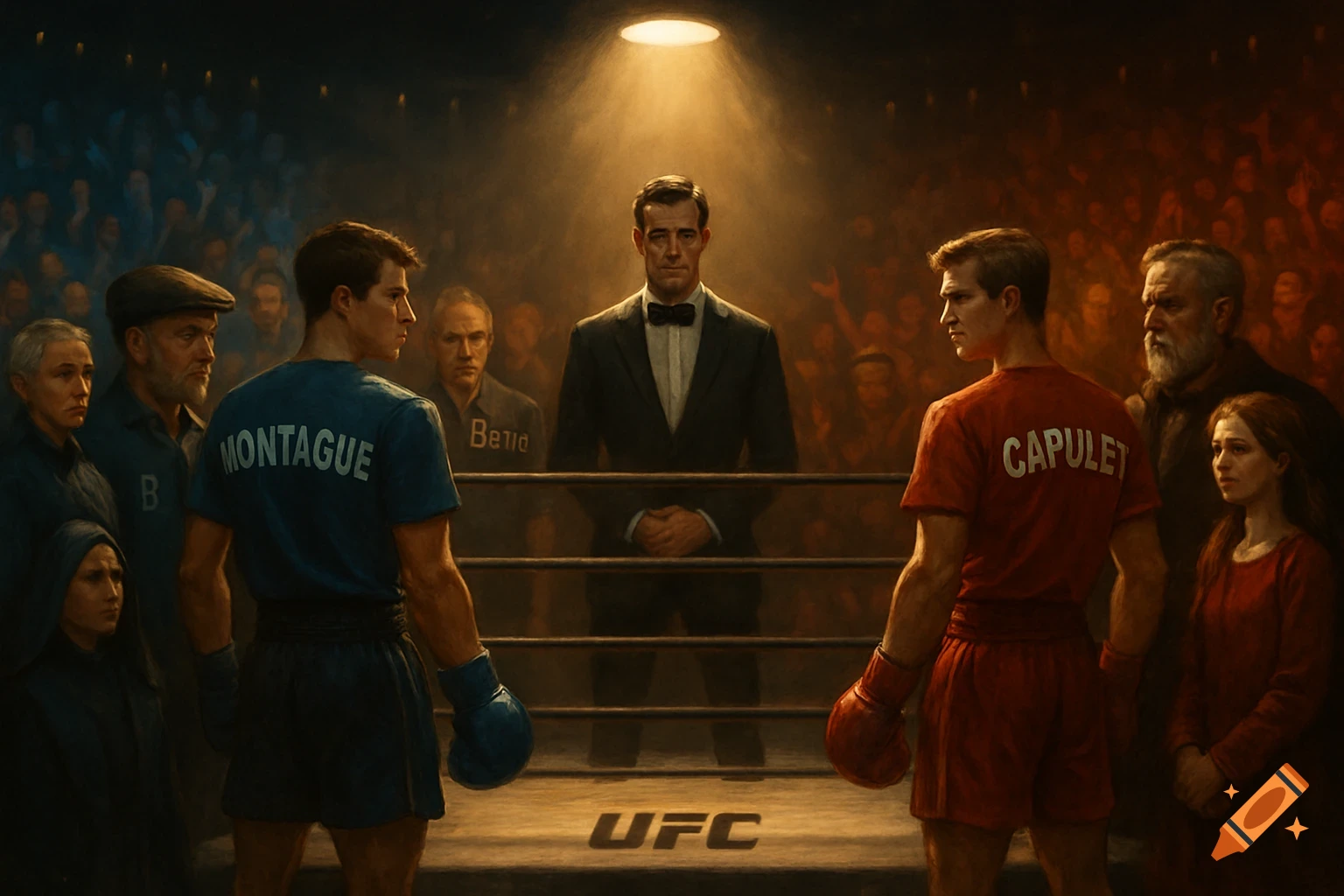 A dramatic painting of two boxers, Montague in blue and Capulet in red, facing each other in a boxing ring, with a referee in a suit between them. A divided crowd watches under spotlights, in an atmospheric, dimly lit arena.