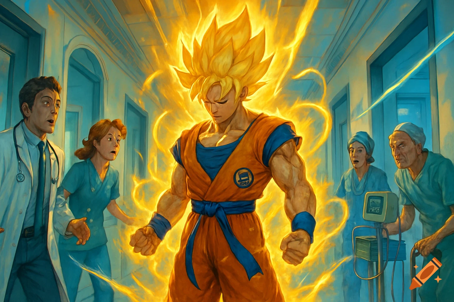 Goku as Super Saiyan glowing brightly in a hospital hallway, surprising a doctor, nurse, and an elderly patient/staff.