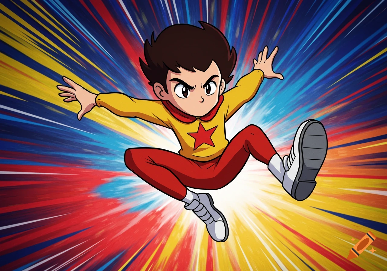 A cartoon boy with dark hair, a yellow shirt with a red star, and red pants, jumping in an action pose against a background of colorful speed lines.