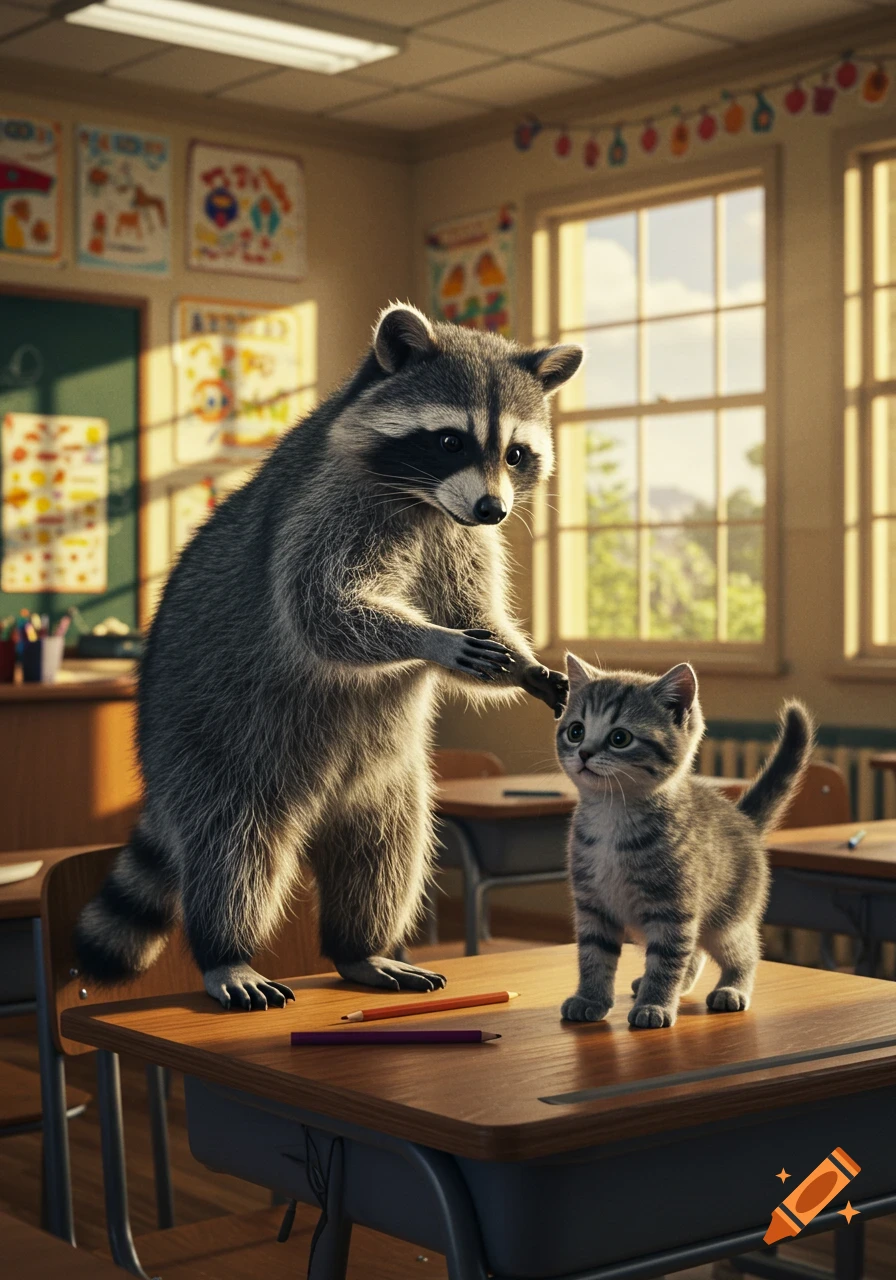 A photorealistic raccoon stands on a desk in a classroom, gently touching a small tabby kitten's head.