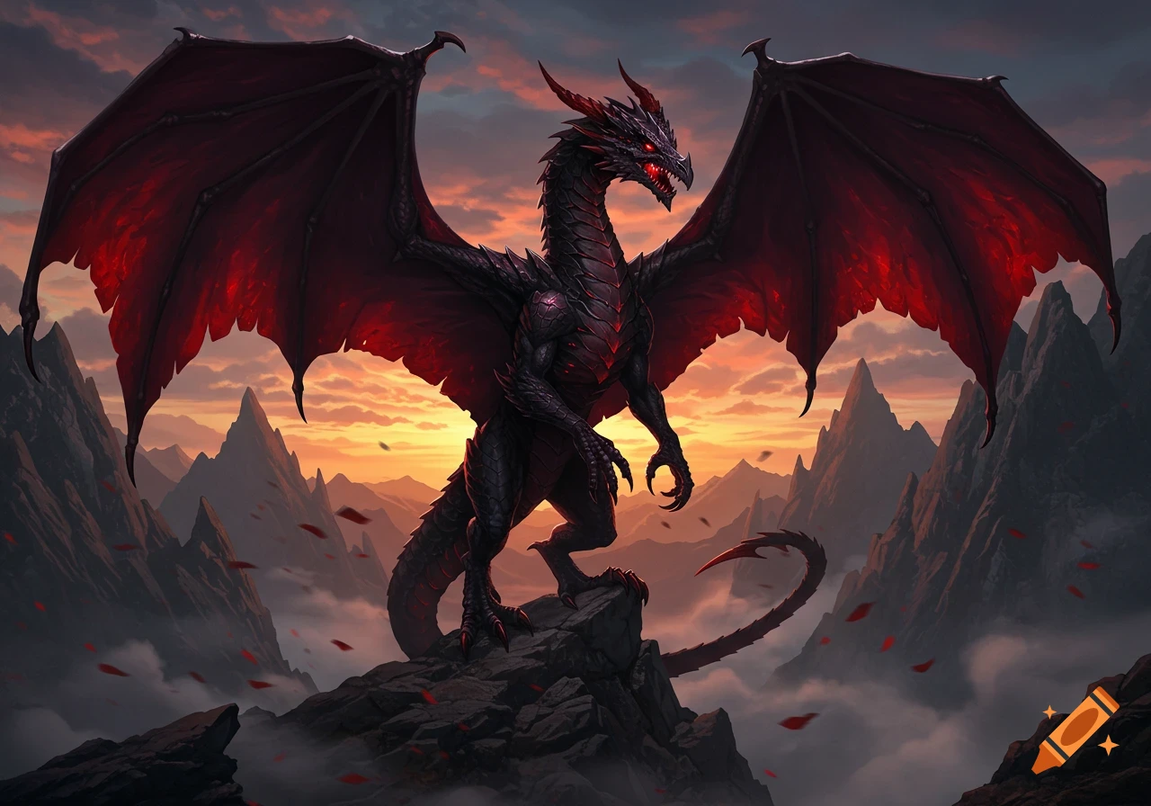 A powerful black dragon with glowing red eyes and prominent wings stands on a rocky mountain peak at sunset.