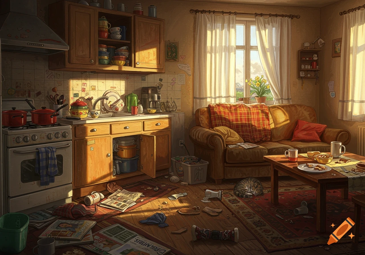 Messy Apartment Interior created on Craiyon, image size:1280x896