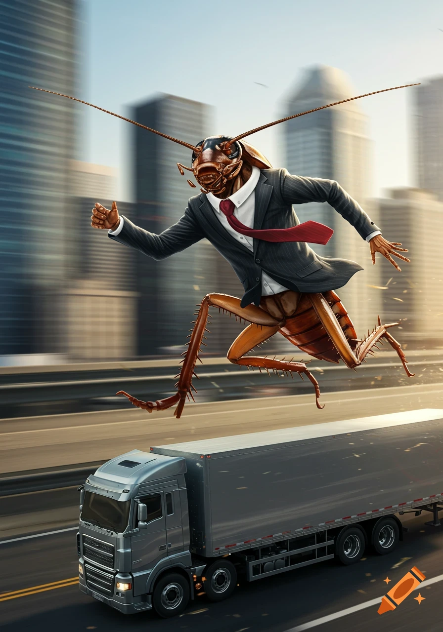 A photorealistic image of a large cockroach in a business suit running rapidly over a grey semi-truck on a highway with city buildings in the background.