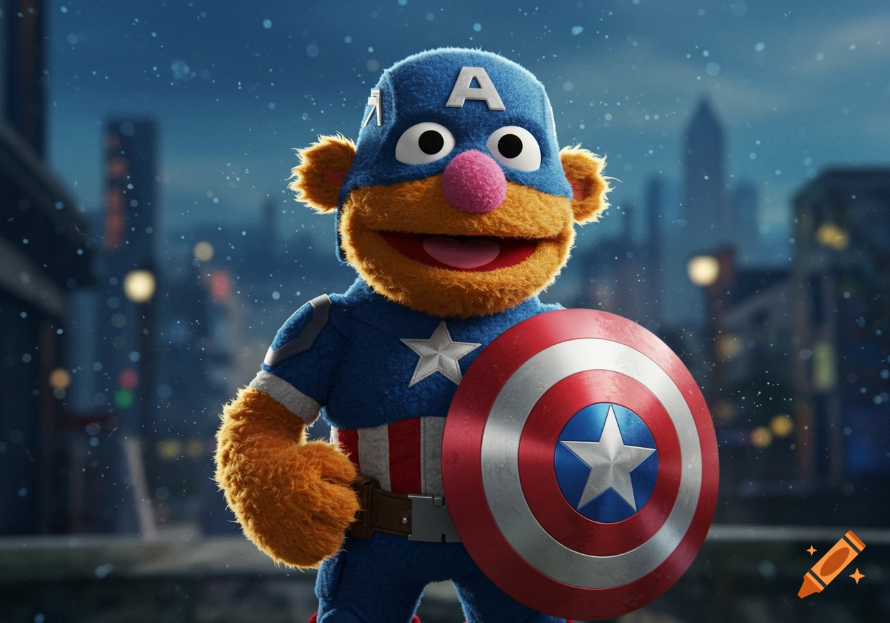 A fluffy, orange and blue Muppet dressed as Captain America, holding a shield, stands in a city at night.