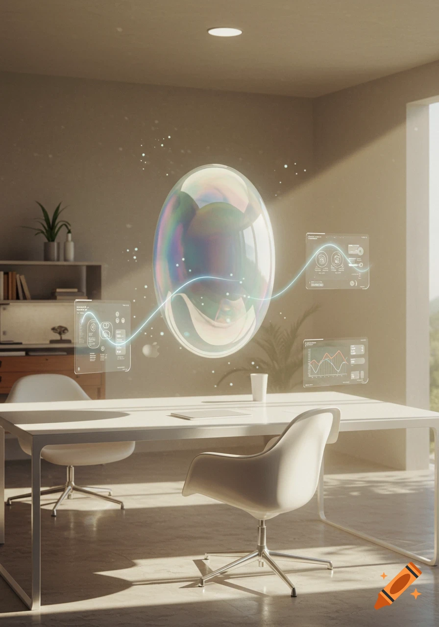 A large iridescent bubble floats in a modern office with holographic displays showing data, above a white table and chairs.