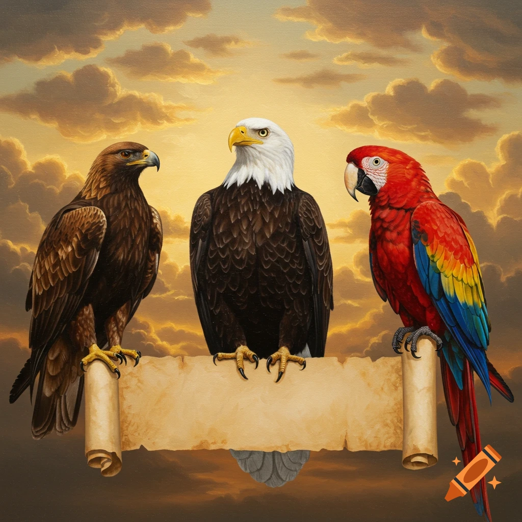 Oil painting of a Golden Eagle, Bald Eagle, and Scarlet Macaw perched on a banner against a dramatic cloudy sky.