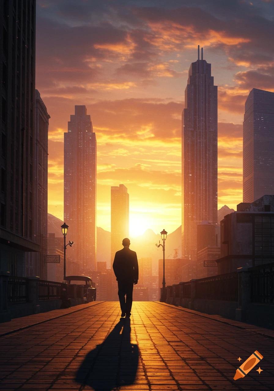 Silhouette of a man walking on a brick path through a city of towering skyscrapers at a vibrant sunset.
