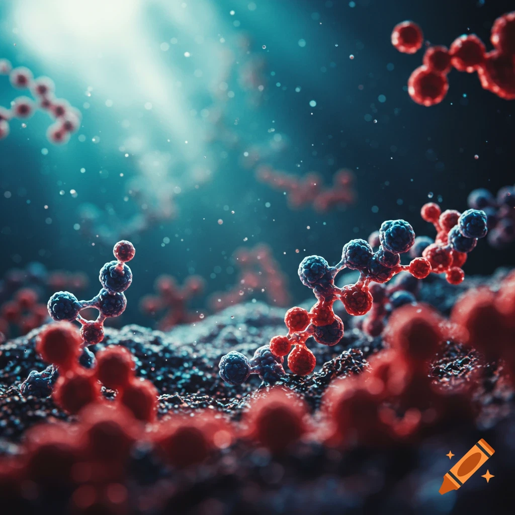 Close-up of red and blue molecular structures on a dark, textured surface, illuminated by a bright blue light.