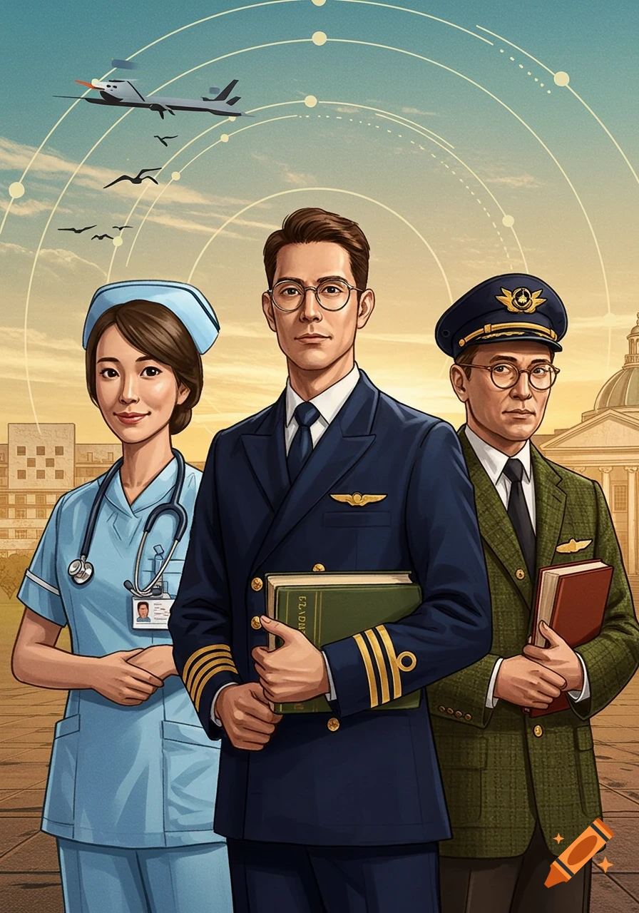 An illustration of a nurse, pilot, and professor standing together. A plane and birds fly in the sky above.
