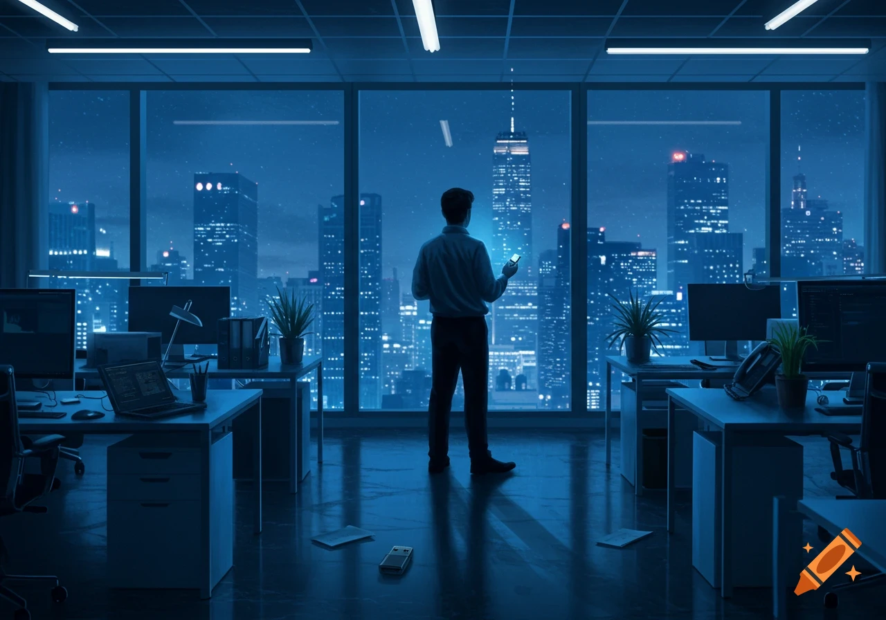 A man stands in a dimly lit office at night, looking out a large window at a towering city skyline.