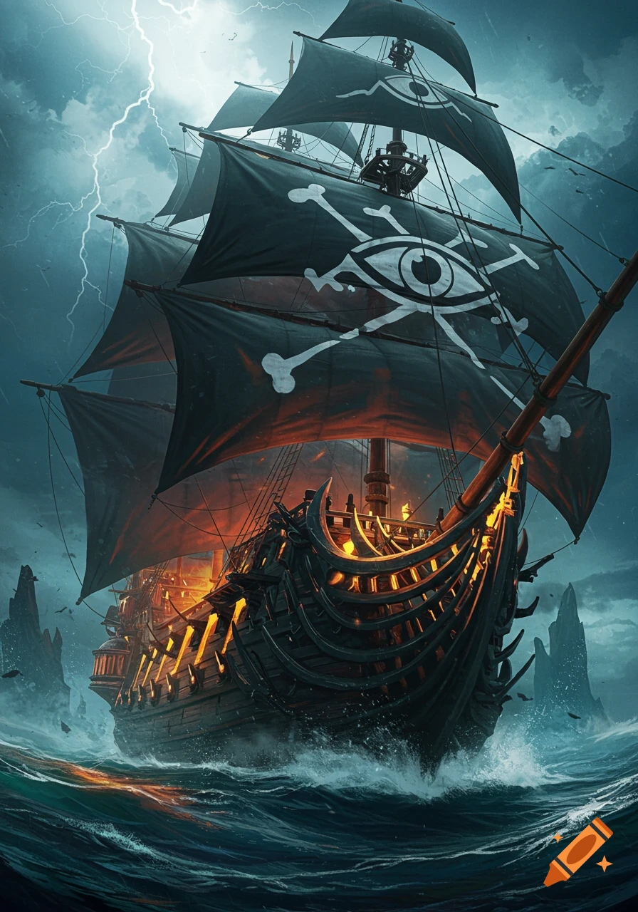 A dark, menacing pirate ship with black sails and an eye-and-crossbones emblem sails through a stormy sea with lightning.