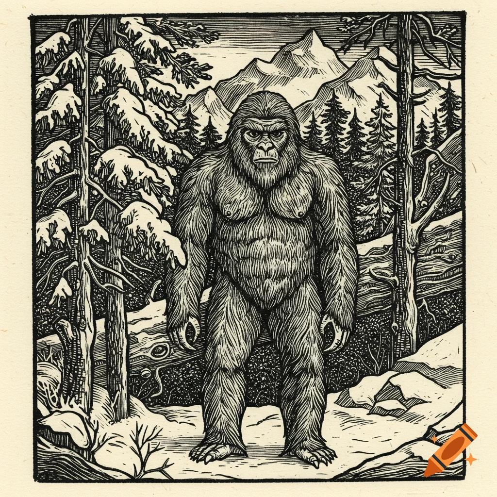 Black and white woodcut of a furry Yeti in a snowy forest with mountains.