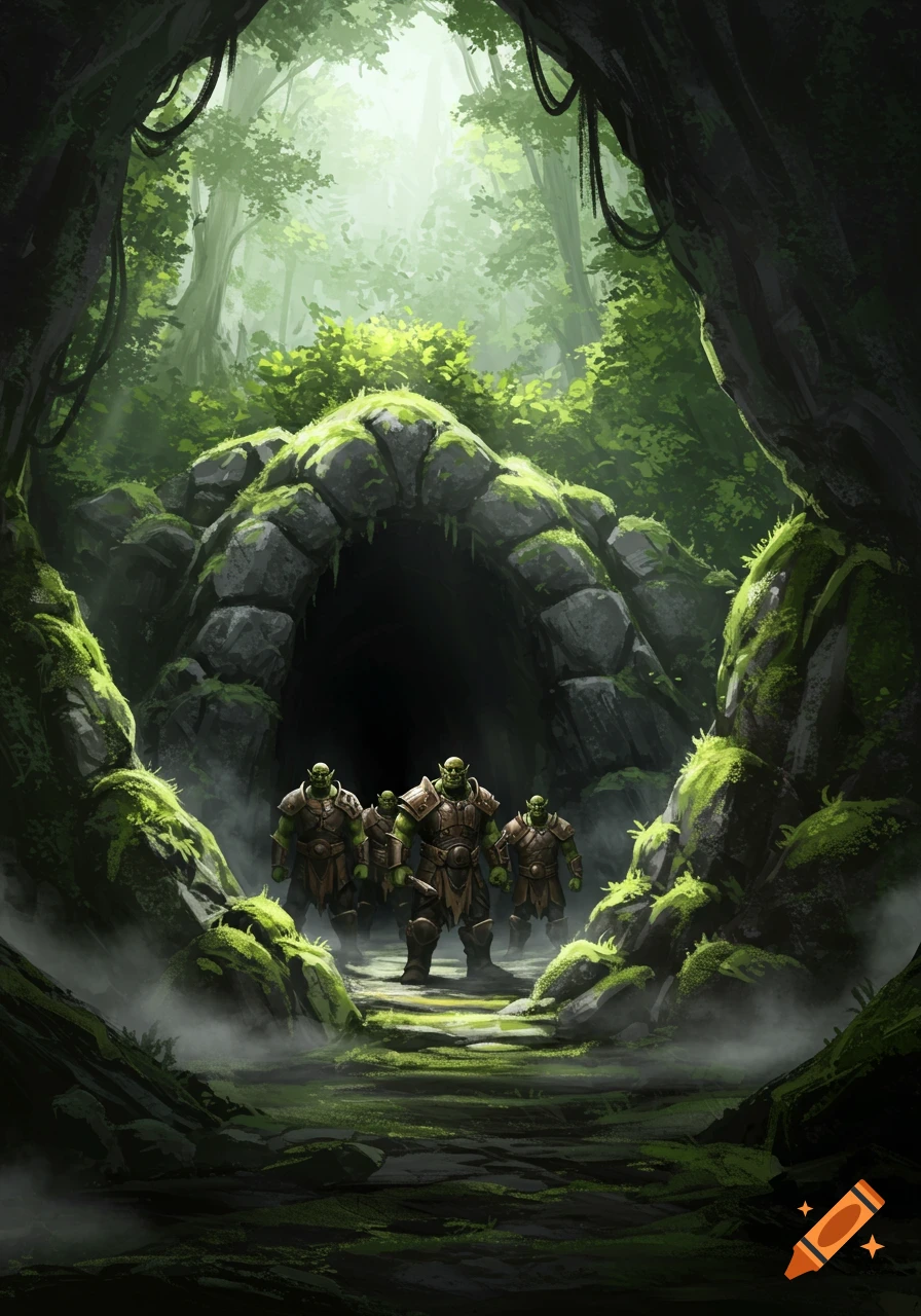 Fantasy art of a group of orcs standing guard at the entrance of a mossy cave in a lush, misty forest.