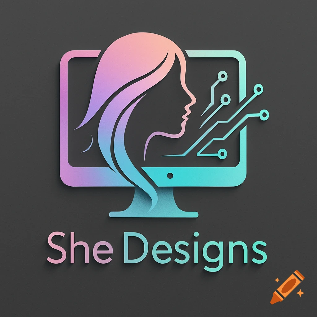 Gradient pink and blue logo of a woman's profile on a computer monitor with circuit lines and the text 'She Designs'.
