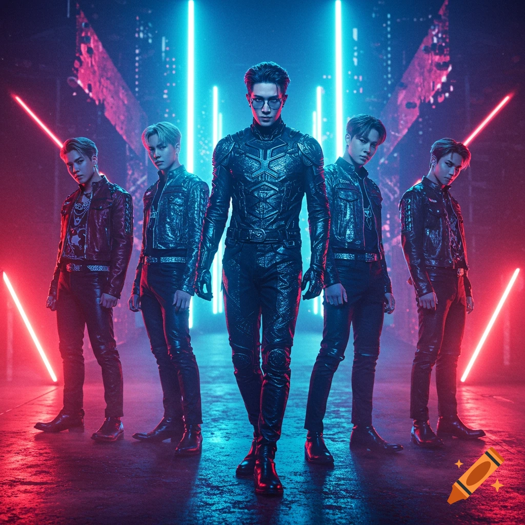 Five men in futuristic black outfits with neon red and blue lighting, posed like a K-pop group in a cyberpunk setting.