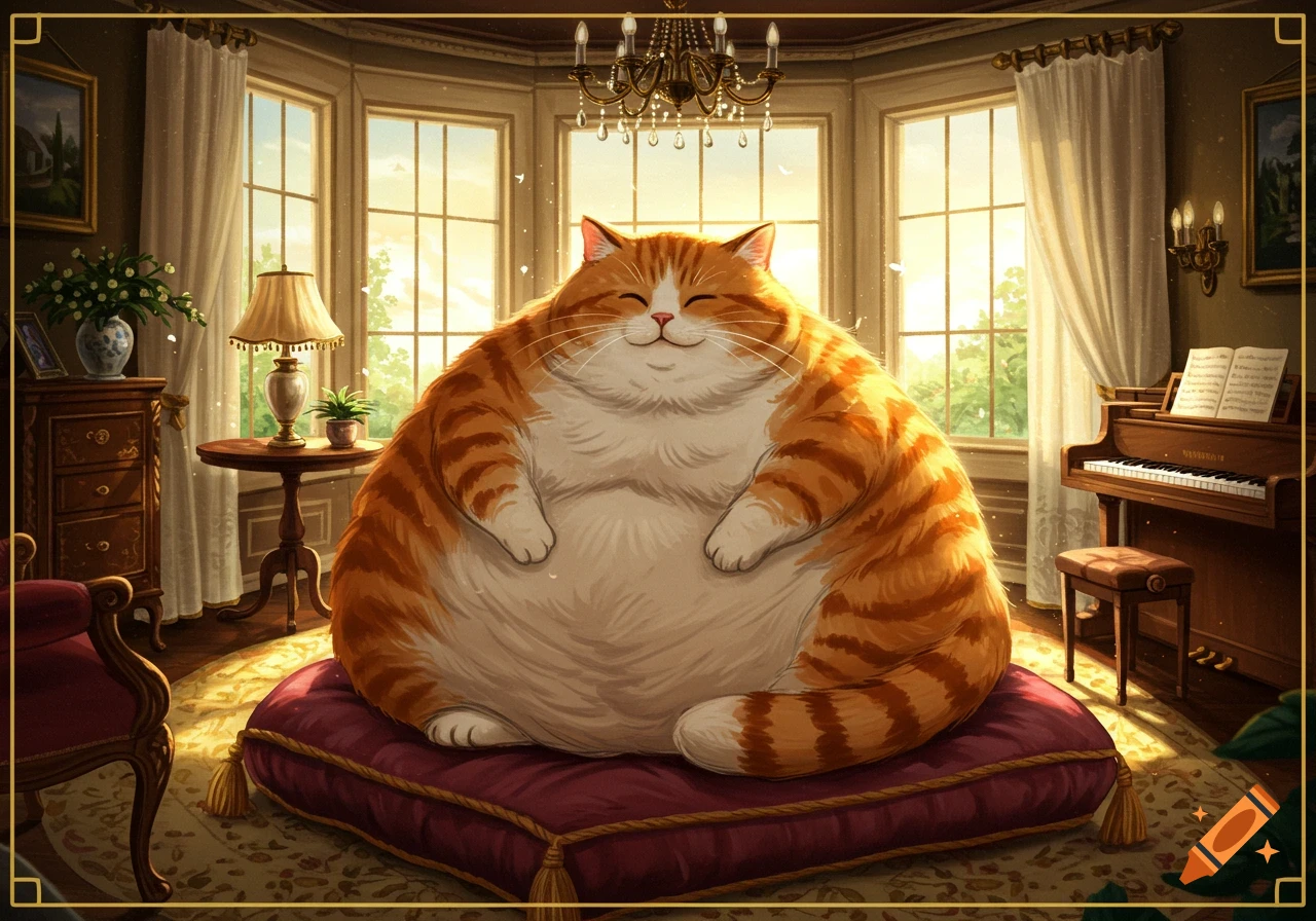A very large, happy orange and white cat sits on a red pillow in a sunny, opulent room with a piano.