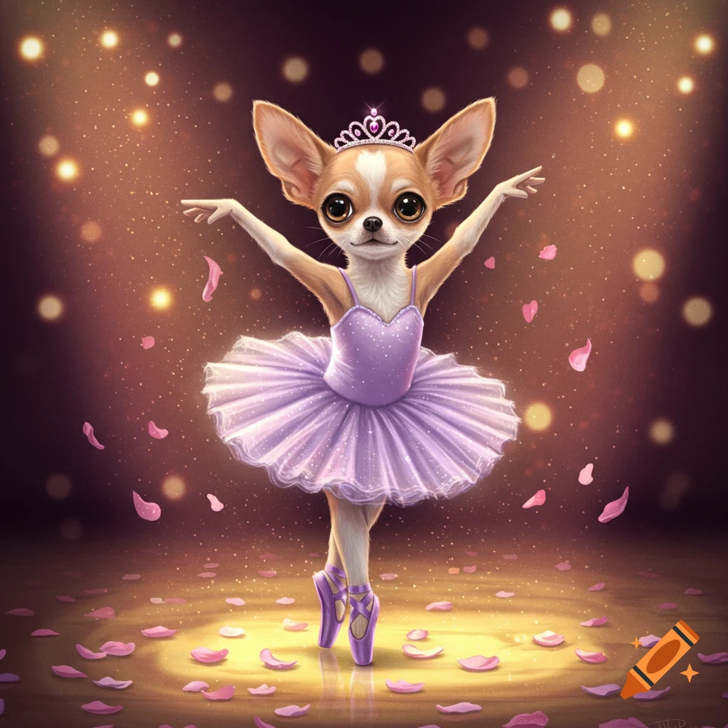 A cute chihuahua ballerina in a purple tutu and pointe shoes poses on a spotlit stage with falling pink petals and glitter.