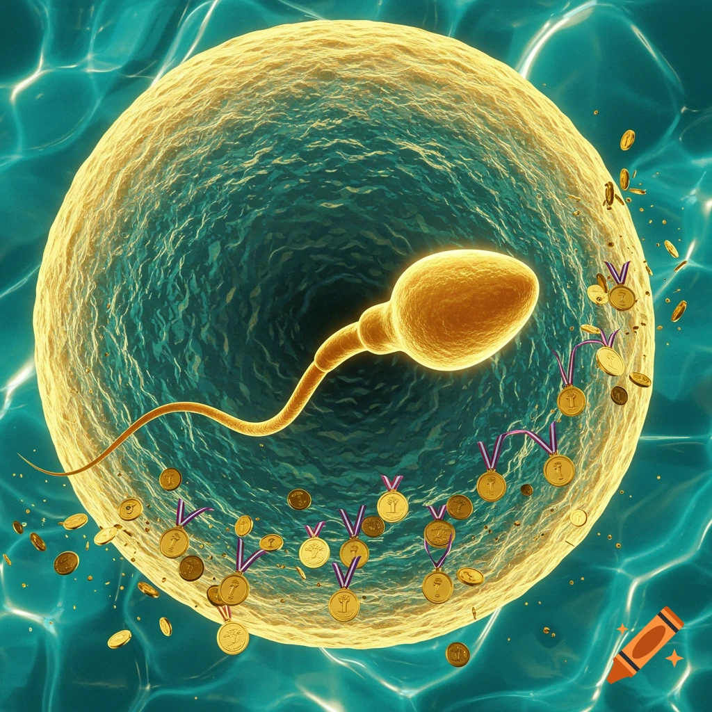 A golden sperm cell approaches a golden egg cell, surrounded by numerous tiny gold medals in a teal fluid. 3D render.