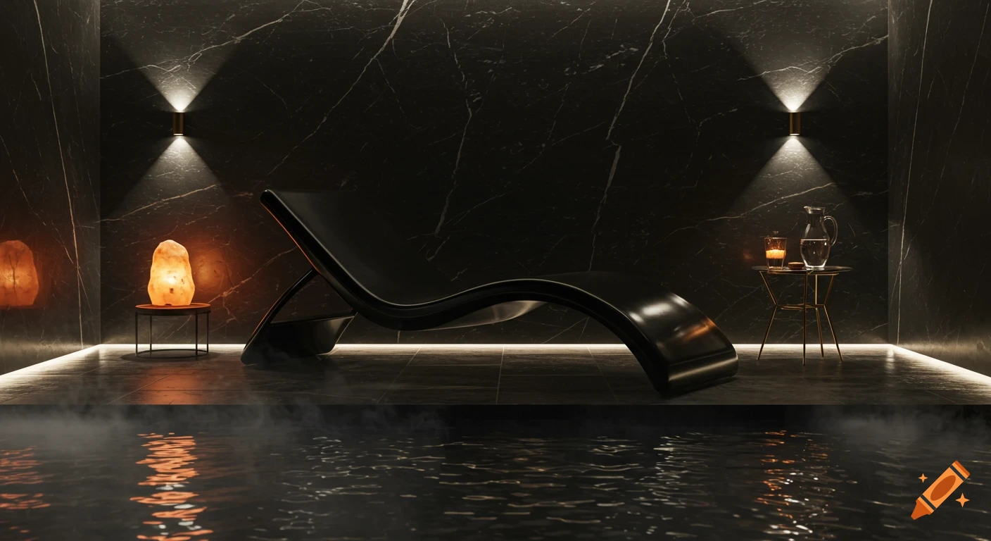 Photorealistic dark luxury spa with a sleek black lounger, misty reflecting pool, dark marble walls, and warm ambient lights.