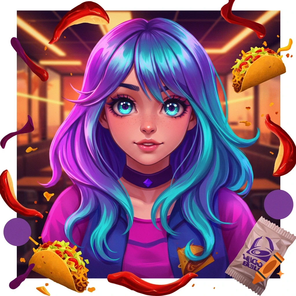 An anime girl with vibrant purple and blue hair, smiling amidst floating tacos, chili peppers, and a Taco Bell packet, in a colorful, stylized portrait.