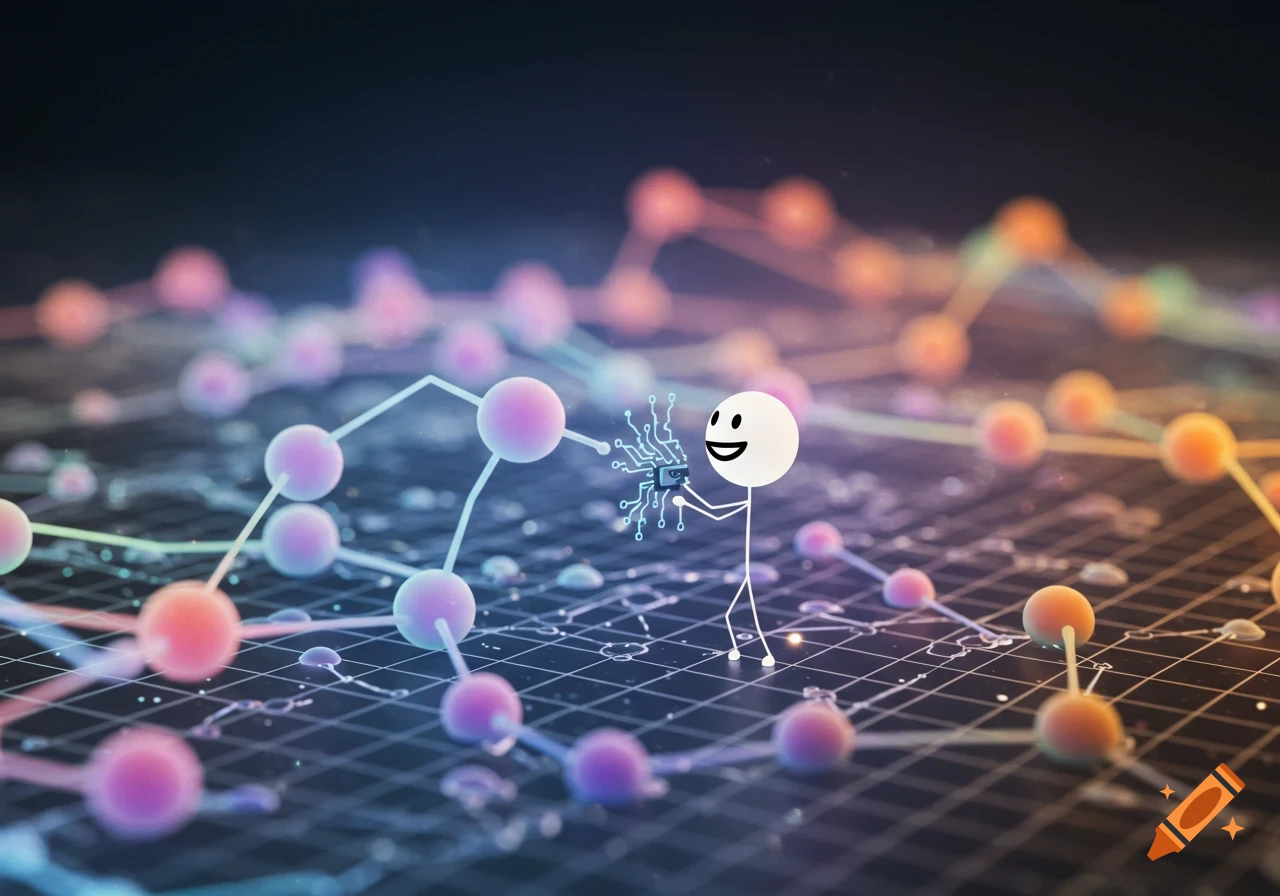 A smiling stick figure holds a microchip, connecting it to a glowing, colorful neural network visualization on a dark background.