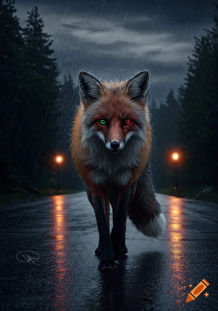 A red, gray, and black fox with one green eye and one red eye stands on a wet road in the rain at night, with streetlights in the background.