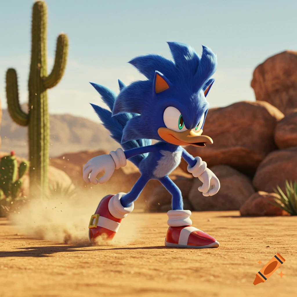 Sonic the Hedgehog with a roadrunner beak runs through a desert with cactuses and rocks, kicking up dust.