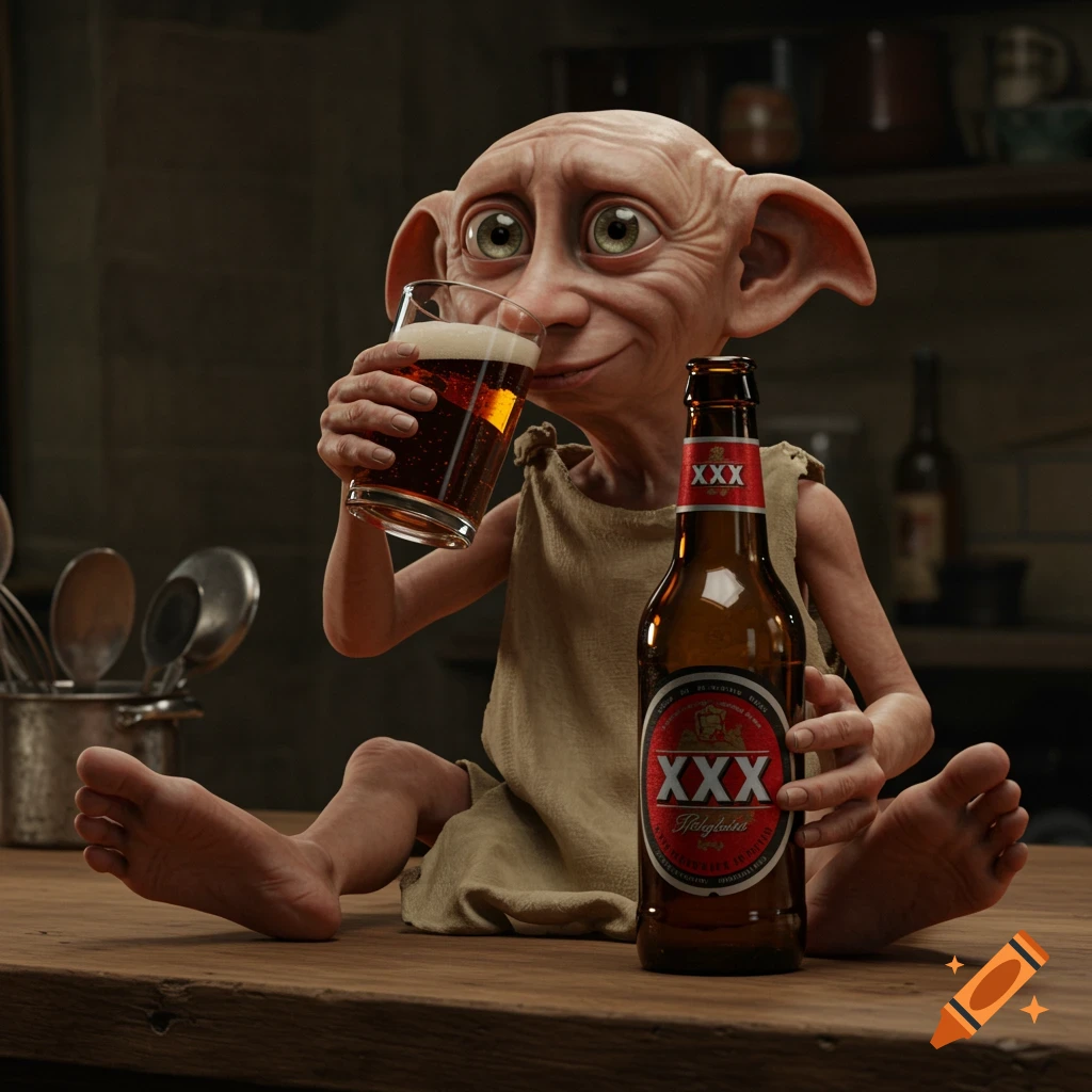 Dobby the house elf sitting on a wooden table, drinking from a glass of beer while holding a beer bottle.