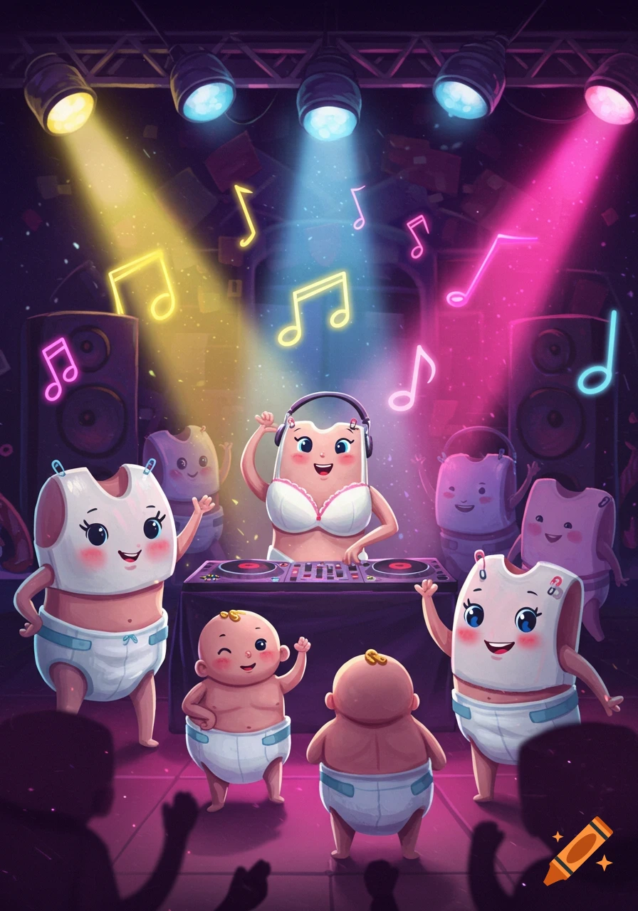 Cartoon mothers and babies dancing at a glow-in-the-dark party, a mother DJing with neon musical notes floating around.