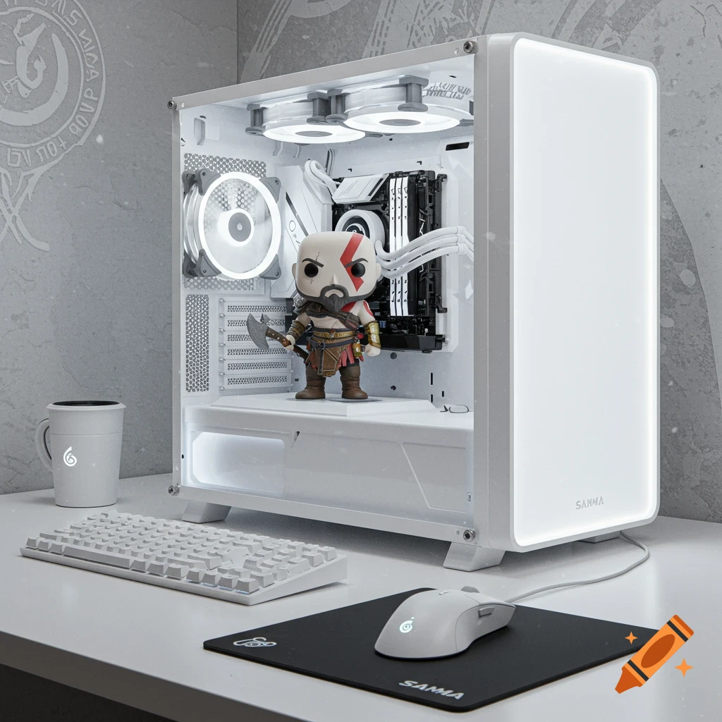 A white gaming PC setup with a Kratos Funko Pop inside the case, alongside a white keyboard, white mouse, and black mousepad on a desk.